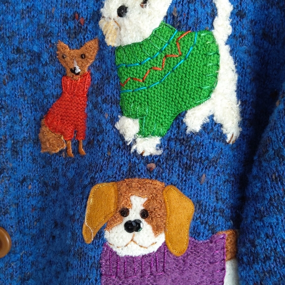Design Options by Philip& Jane Gordon blue vintage sweater cardigan dogs puppies - Picture 4 of 13